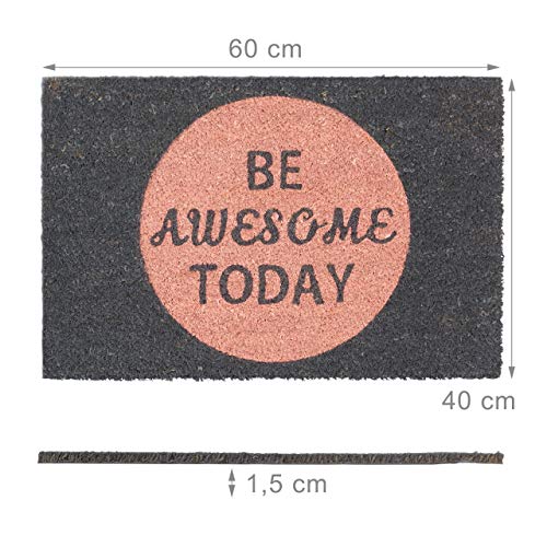Relaxdays Coir Doormat Coconut Fibre Floor Mat "Be Awesome Today" Welcome Mat 40 x 60 cm, Anti-Slip PVC Underside, Pink