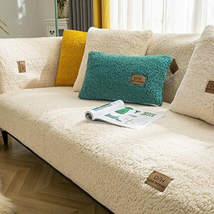 Thickened Lamb Wool Sofa Cover Furniture Protector Fit Luxury Thick - For Assemble Sofa, Machine Washable(Sofa,Beige)-110x240cm-Rice color