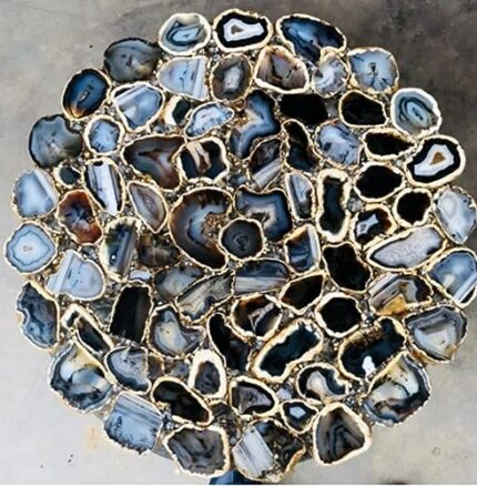 Gifts And Artefacts 54 x 54 Inches Elegant Look Restaurant Table Top with Epoxy Art Round Shape Black Agate Stone Dining Table for Home Furniture