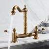 Ghopy Kitchen Sink Mixer Taps 2 Hole Deck Mounted Antique Brushed Brass Swivel Spout Bridge Mixer Tap
