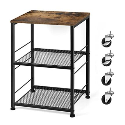 UOMIO Bedside Table, 3-Tier Small End Table on Wheels Industrial Rustic Coffee Sofa Side Table with Mesh Shelves for Living Room Bedroom Kitchen