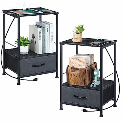 NANANARDOSO Set of 2 Nightstand with Charging Station, Bedside Table with USB Ports and Outlets, Side Table with Fabric Drawer for Hallway, Livin