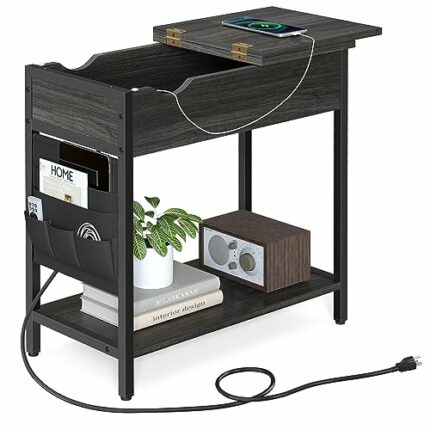 VASAGLE Nightstand with Charging Station, Fabric Bags, for Living Room, Steel Frame, Particleboard, Ebonized Oak Finish and Black, 23.6 x 12.4 x