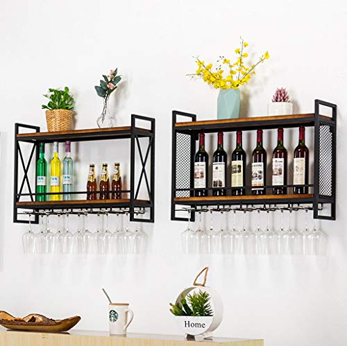 EYLINK Vintage Wine Rack Wall Shelf for Bar Kitchen, Wall-mounted 2-Tiers Wall Wine Bottle Rack and Wine Glass Rack, Metal and Wood Rustic Floati