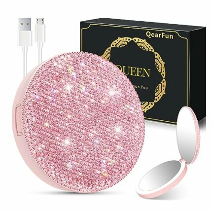 QearFun Luxurious Rhinestone LED Lighted Compact Mirror, Bling Portable Travel Makeup Jeweled Mirrors, 3.5 inch Rechargeable Mini Magnifying Pock