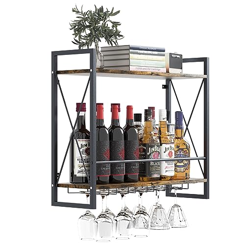 aboxoo Wall Mounted Wine Rack 2 Tier Shelf with 5 Rows Wine Glass Hanging Rack Industrial Rustic Brown Wood&Iron Frame for Dining Room,Wine Displ