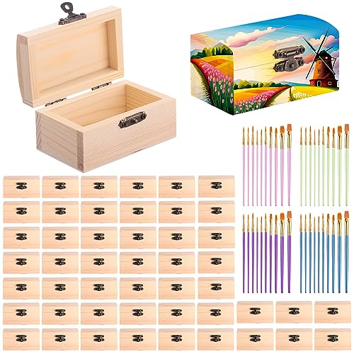 Chumia 48 Pcs Unfinished Wooden Box with 40 Paintbrushes Wood Treasure Chest Small Wooden Box DIY Wooden Boxes for Crafts Unpainted Chest Box for