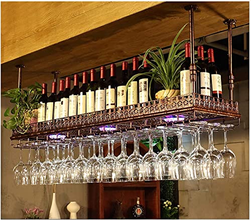 EMISOO Hanging Wine Rack, Retro Ceiling Decoration Rack, Upside-down Hanger Suitable for Living Room, Dining Room, Bar, with Colorful Lights (Col