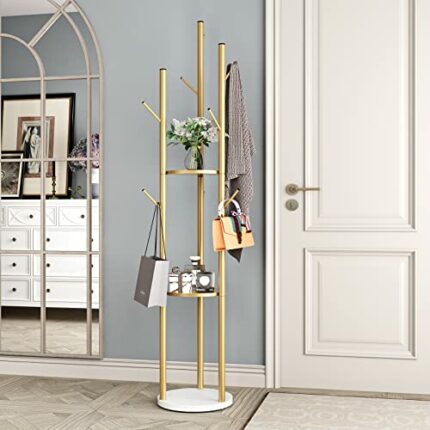 DOORXIFO Metal Gold Freestanding, Coat Hanger Stand, Hall Tree Coat Rack for Hanging Hats, Scarves, Bags, Modern Coat Rack with Double Shelves, C
