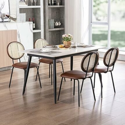 Farini Dining Chair Set of 4, Faux Leather Cushioned Seat with Protective Pads,Handcrafted Contour Natural Rattan and Bentwood