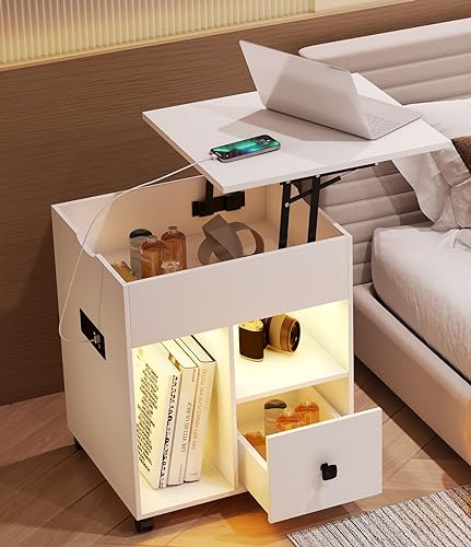 dnbss LED Lift Top Nightstand with Charging Station, Smart nightstands with Motion Sensor, Lockable Wheels for Bedroom (White)