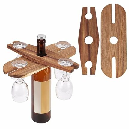 NBEADS 2 Pcs 2 Sizes Wooden Wine Bottle Brackets for Wine for Two Glasses and Bottle, Wood Wine Glass Holder Simple Wine Glasses Holder Rack for