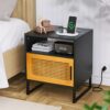 Rattan Nightstand with Charging Station, Bedside Table with Rattan Cabinet and Storage Shelf, Boho Accent End Table with Natural Handmade Rattan