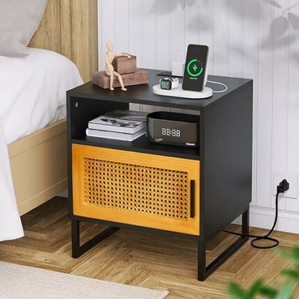 Rattan Nightstand with Charging Station, Bedside Table with Rattan Cabinet and Storage Shelf, Boho Accent End Table with Natural Handmade Rattan
