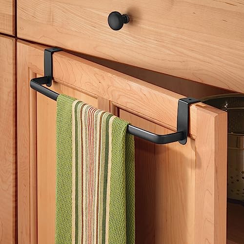 mDesign Over-the-Cabinet Kitchen Dish Towel Bar Holder – Towel Rack for Kitchen and Bathroom Cupboards – Steel Tea Towel Rail with No Drilling Re