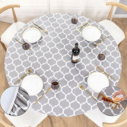 UMINEUX Round Fitted Vinyl Tablecloth with Elastic Edged & Flannel Backing, Waterproof Wipeable Round Table Cover for Indoor Outdoor Patio Use -