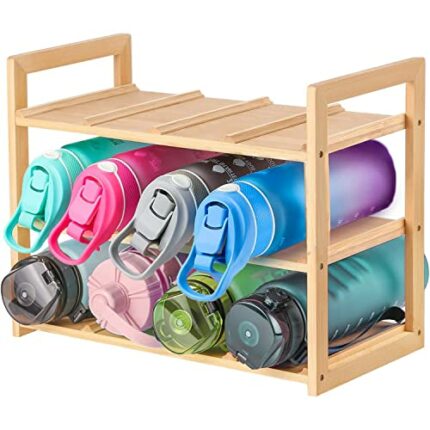 Meegoo Sturdy Water Bottle Organizer, 12 Freestanding Bamboo Water Bottle Holder Rack, Sturdy Water Cup Stand Storage for Cabinet Kitchen Counter