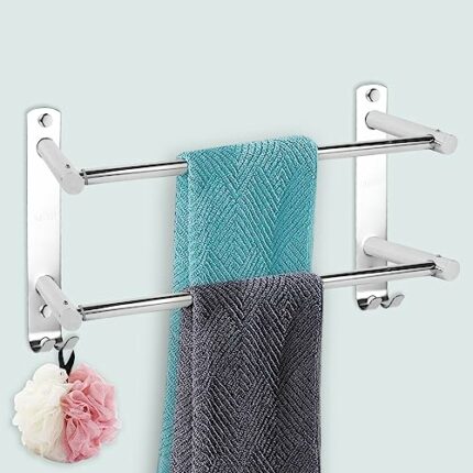 Stainless Steel Towel Shelf, Towel Rail Wall Mounted 38-70cm, Self Adhesive Double Towel Rail, Bath Towel Rail Self Adhesive with 2 Hooks for Bat