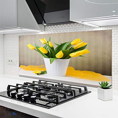 Tulup Glass Splashback for Kitchen - 55.1 in x 27.6 in / 140x70 cm - Cooker Wall Protection Tempered Glass - Tulips Floral