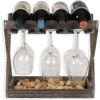 DISHENGZHEN 4 Bottles Wooden Wine Rack for Bottles, Free Standing Wine Storage Holder with Glass Rack, Free-Standing Water Bottle Holder for Kitc
