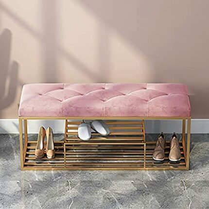 Luxurious Entryway Bench Shoe Rack Bench,Soft Velvet Upholstered Bench Seat Shoe Storage Bench,Modern Entry,Pink,120X30X45Cm(47X12X18Inch)