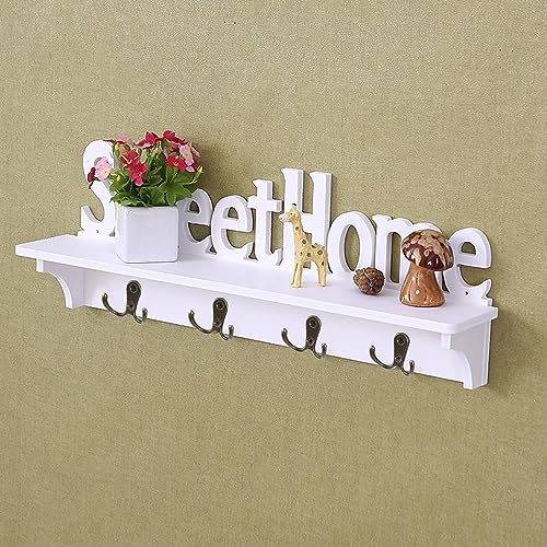 GAESHOW Coat Rack Shelf Wall Mounted, Coat Hook with 4 Metal Dual Hooks, Hallway Organiser Hooks Stand for Bathroom, Bedroom, Kitchen, Living Roo