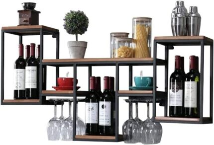 Industrial Wall Mounted Wine Racks with 8 Goblet Glass Holder, Metal Hanging Wine Bottle Holder, Vintage Wall Metal and Wood Shelf Floating Shelv