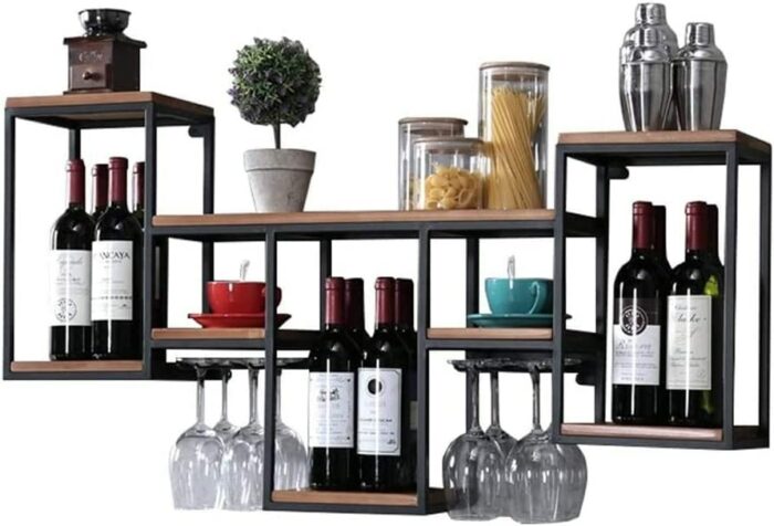 Industrial Wall Mounted Wine Racks with 8 Goblet Glass Holder, Metal Hanging Wine Bottle Holder, Vintage Wall Metal and Wood Shelf Floating Shelv