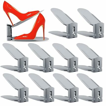 FAMKEEP Set of 10 Adjustable Shoe Racks, Shoe Holder Set, 3 Height-Adjustable, Removable, Space-Saving, Non-Slip, Plastic (Grey)