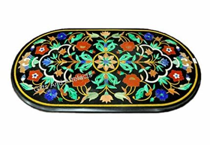 Gifts And Artefacts 24 x 48 Inches Dining Table Top Inlaid with Semi Precious Gemstone Oval Shape Black Marble Kitchen Table for Home Decor
