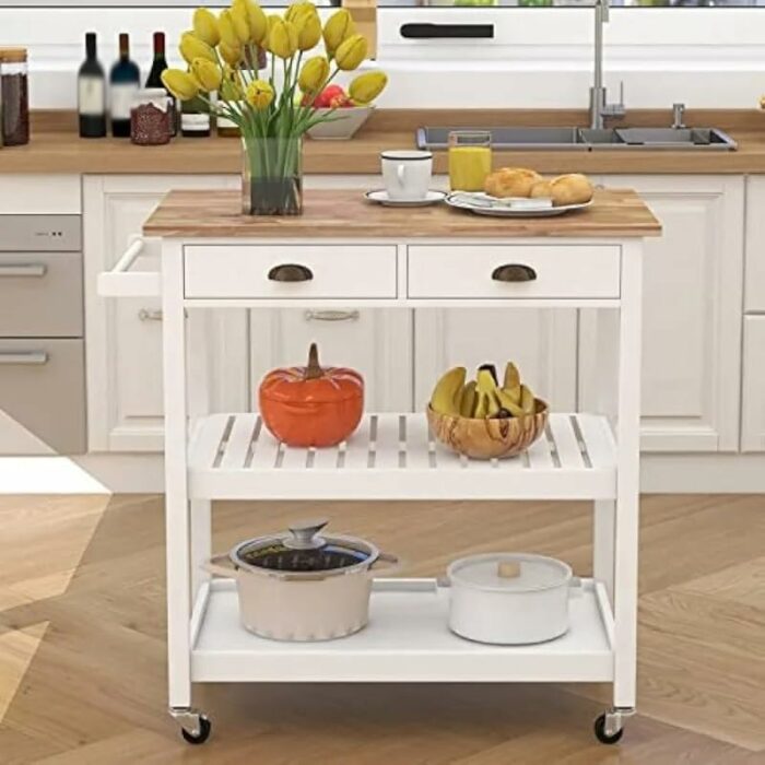 JJZXD Rolling Kitchen Cart, Portable Kitchen Island Wood Top Kitchen Trolley With Drawers And Two-Tier Open Shelf