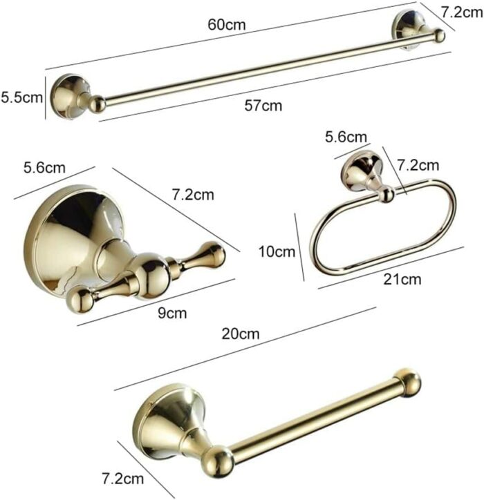 RAKUTE Gold Brass Bathroom Hardware Set 4 Pieces, Towel Rack, Towel Ring, Toilet Paper Holder, Robe Hook Bathroom Ring