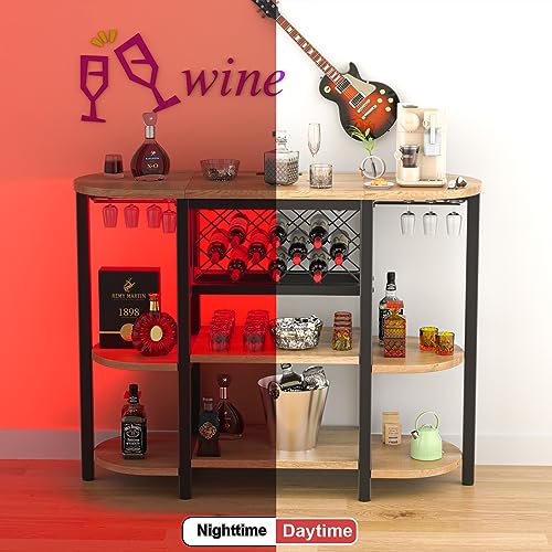 Bar Cabinet, Wine Racks Free Standing Floor with Outlet, Coffee Bar Cabinet with RGB LED Light, Mini Bar Table with Glass Holders, Bottles Wine S