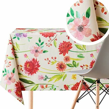 Cream Red Flowers Blooming PVC Table Cloth Wipe Clean Tablecloth Rectangular 200x140 cm 78x55in - 6 Seats Waterproof Oilcloth Tablecloth Beige Ta