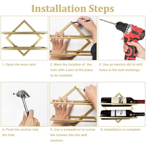 CYEAH Metal Wall Mounted Wine Holder Set of 2, Gold Foldable Hanging Wall Wine Rack Organizers, Red Wine Bottle Display Hanger with Screws for Ho