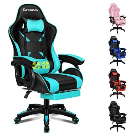 ELFORDSON Gaming Chair with Massage Lumbar Support Footrest, Computer Office Chairs High Back 150° Reclining, Gamer Chairs for Kids Adults, Cyan