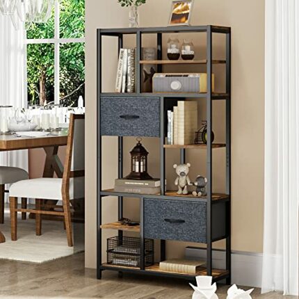 YITAHOME Bookcase, 7 Tier Bookshelf with drawers Floor Standing Book Shelf Industrial Shelving Unit Storage Rack with Steel Frame for Living Room