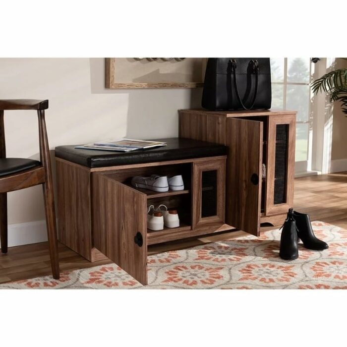 WALNUT Foyer Hallway Shoe Cabinet Upholstered 2-Door Wood Shoe Storage Bench with Cabinet Shoe Rack Home Furniture