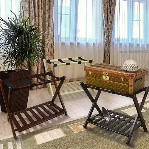 Penguin Home Luggage Rack - Crafted in Quality Mango Wood with Burnt Wood Finish - Foldable with easy Assembly - 2 Tiered Suitcase Rack - Size L6