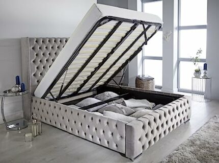 Luxuxry Ottoman Gas Lift Storage Full Chesterfield Wing Upholstered Bed Frame (3FT Single)
