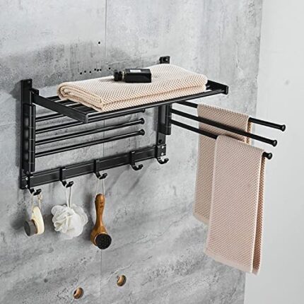 ybaymy Swivel Towel Rail Wall Mounted Rack Holder with 7 Bars Hanger Bath Swing Out Bar Top Layer 90° Folding Function 6 Hooks for Kitchen, Bathr