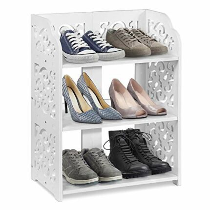 Pissente White Shoes Organiser Shelf,Wood-Plastic Composites Exquisite Carved Shoes Cabinet Large Capacity Multi-purpose Storage Organization for