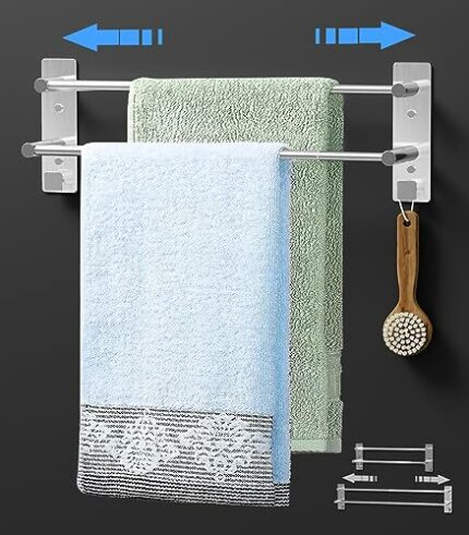 Mivcinn Towel Rail Wall Mounted (37-70CM) 14.6-27.6inch SUS304 Stainless Steel Towel Holders Self Adhesive 2-Tier Towel Rack with 2 Hooks Towel S