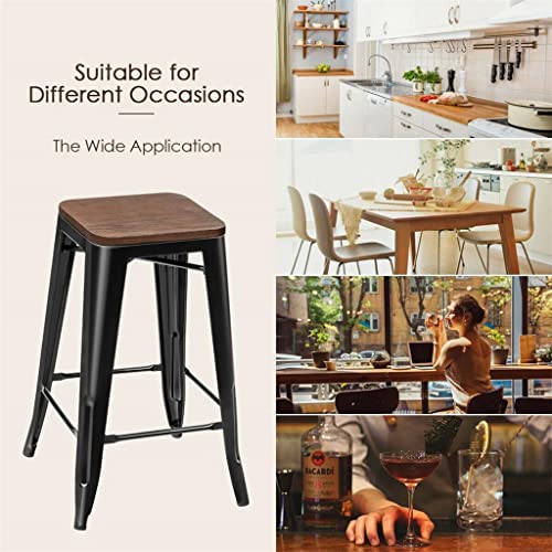 LUKEO Set Of 4 Counter Height Backless Barstool 26'' Metal Stackable Stool W/Wood Seat