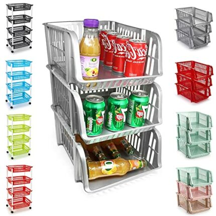 Plastic Storage Stackable Basket Utility Kitchen Cart Vegetable Rack Fruit Basket Corner Shelf for Kitchen Bedroom Bathroom Living Room Office (3