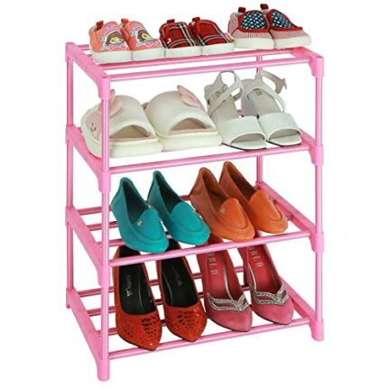 LNYZQUS Small Kids Shoe Rack, 4 Tier Pink Shoe Organizer Shoe Shelf For Closet,Stackable Narrow Shoe Stand Slim Zapateras Organizer,Cute Toddler