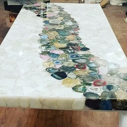 Gifts And Artefacts 24 x 48 Inches Agate Stone Epoxy Art Dininig Table Top for Home Furniture Decor Rectangle Shape White Marble Kitchen Table