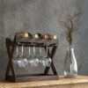 DISHENGZHEN 4 Bottles Wooden Wine Rack for Bottles, Free Standing Wine Storage Holder with Glass Rack, Free-Standing Water Bottle Holder for Kitc