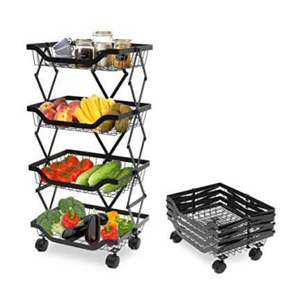 NUKied 4 Tier Fruit Basket for Kitchen with Wheels Collapsible Metal Wire Storage Pantry Baskets Mobile Utility Carts Storage Shelves for Home Ki