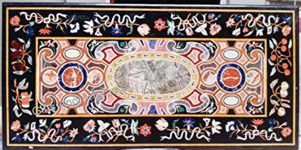Gifts And Artefacts 36 x 72 Inches Pietra Dura Art Restaurant Table Top with Royal Look Rectangle Shape Black Marble Dining Table for Home Furnit